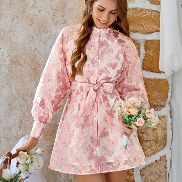 Pink Boho Womens Butterfly Jacquard Full Sleeve Dress - Picture 3 of 5